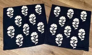 2-Everhome, Pristine Navy Blue, Cream Embroid. Flowers, 20 X 20 Pillow Cover